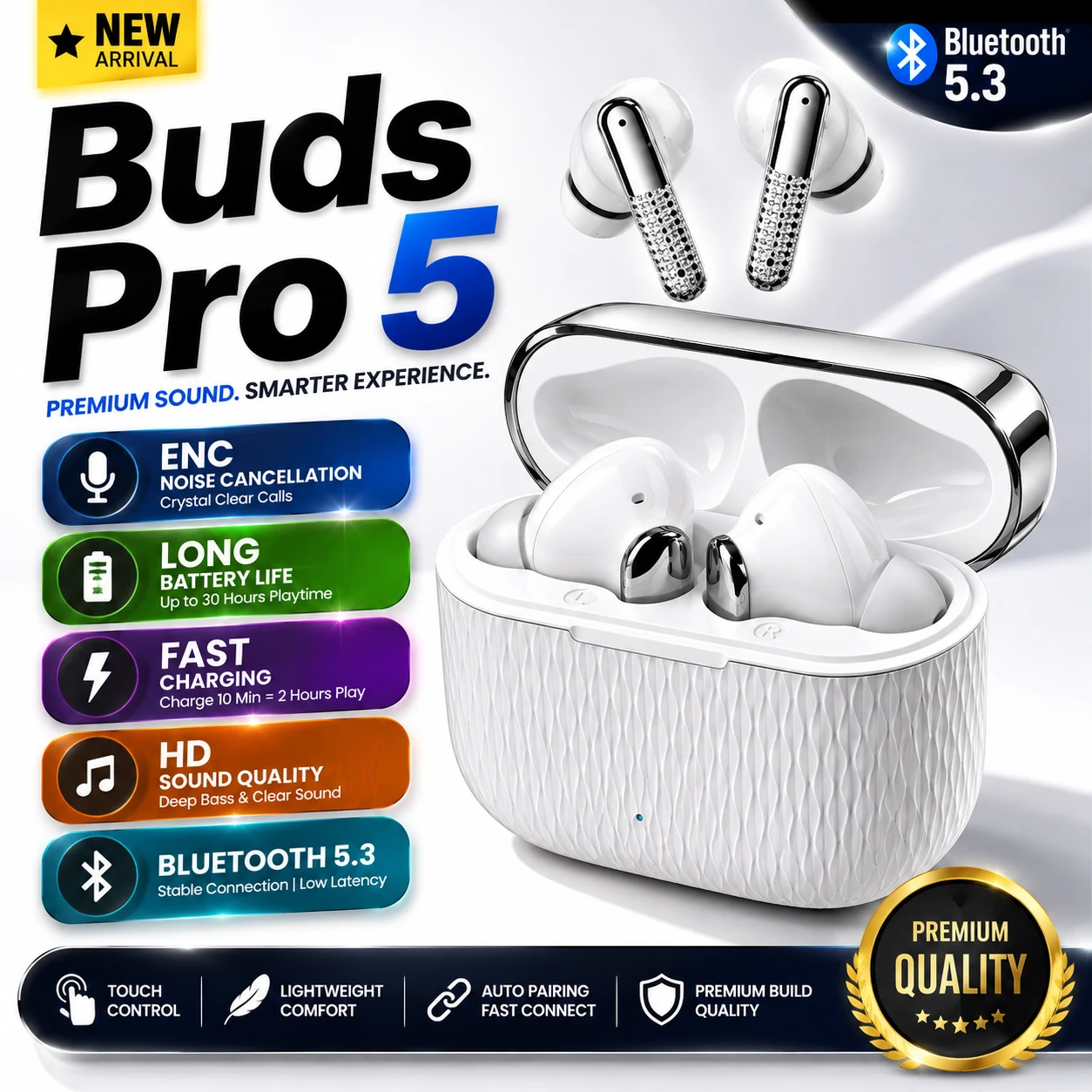 Buds Pro 5 ANC/ENC Bluetooth 5.3 True Wireless Earbuds, 35H Playtime Touch Control Wireless Headphones with 13mm Bass Driver & Mic for Android, iOS & Windows