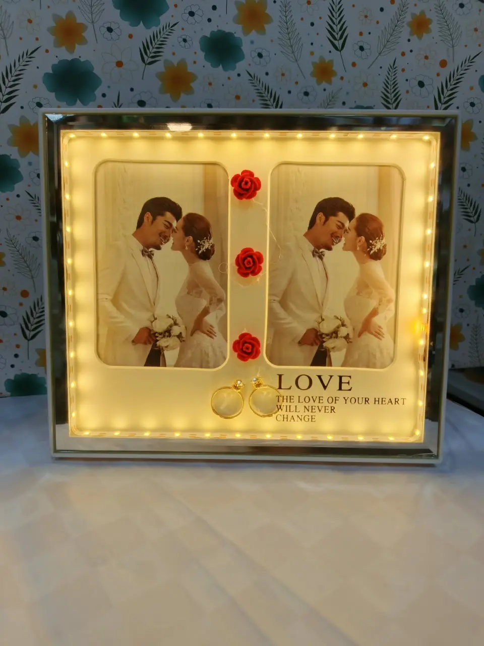 Romantic Love Couple Photo Frame with Decorative Rings – Wedding & Anniversary Gift