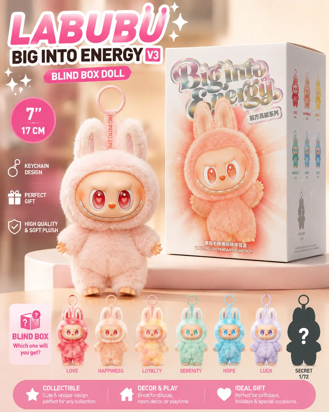 Labubu Doll Blind Box v3 Big Into Energy | 7inches / 17cm Original Size Labubu Dolls Toy Key Chain