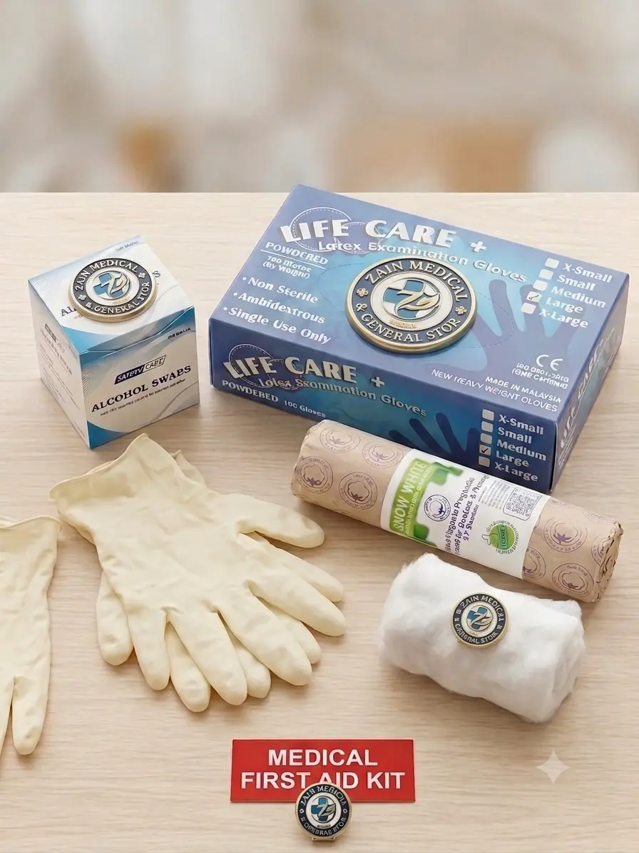 Medical First Aid Combo: Life Care Gloves (100s), Safety Care Alcohol Swabs & Snow White Cotton Roll